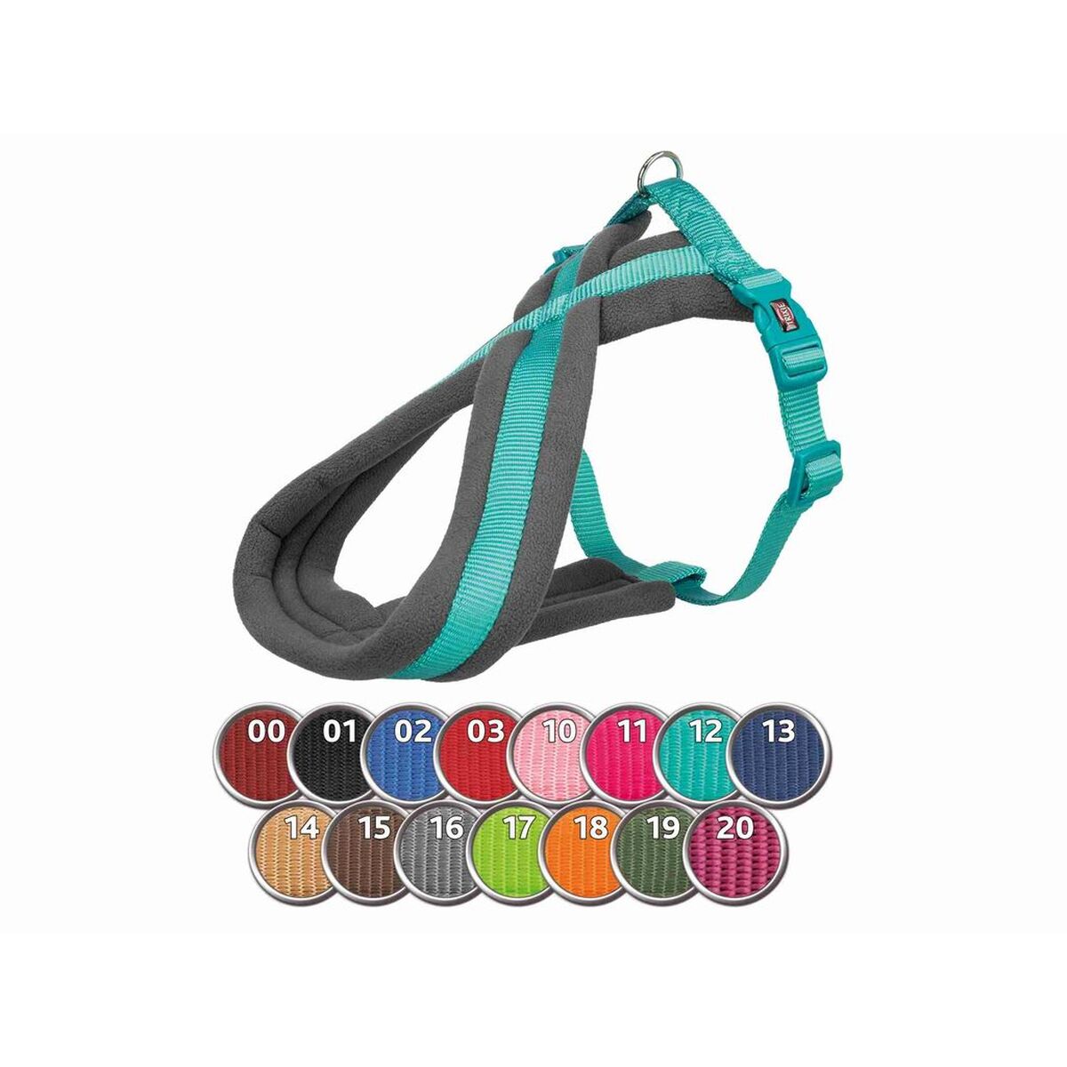 Arnés para perro ajustable azul océano Trixie Confort New Premium con múltiples colores y diseño acolchado.