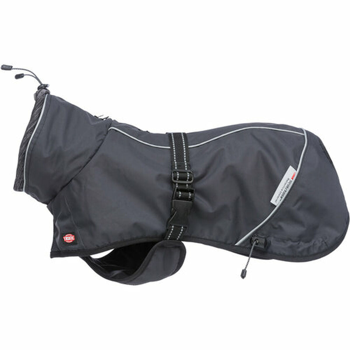 Abrigo impermeable para perro negro Trixie Calvi L, acolchado, ajustable y reflectante, ideal para clima frío.