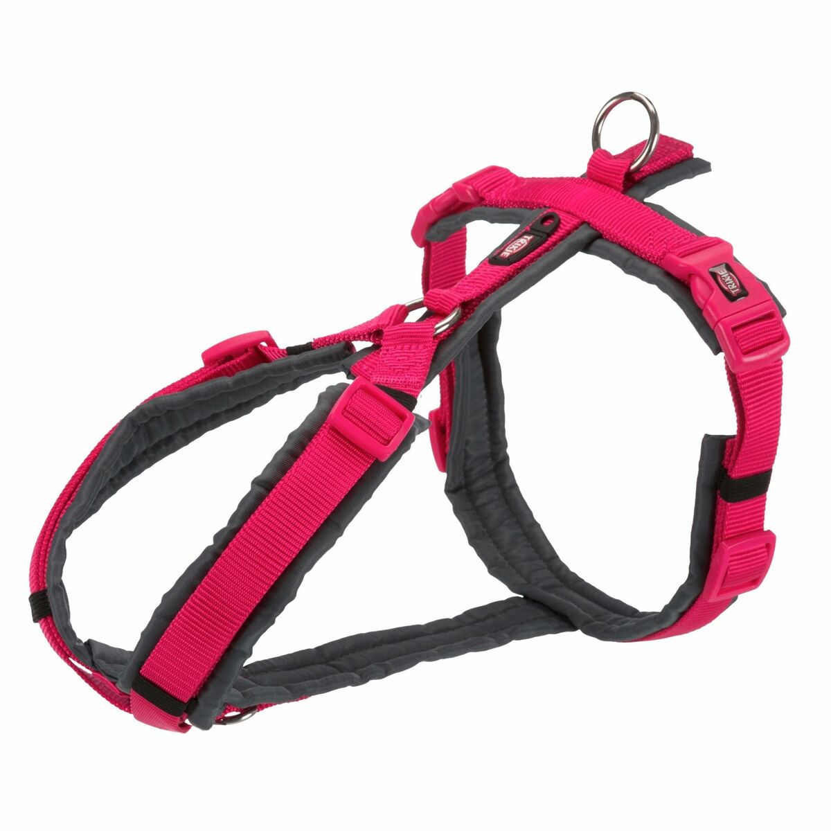 arnés para perro trekking grafito fucsia XS/S, ajustable y acolchado con diseño moderno en rosa y gris.
