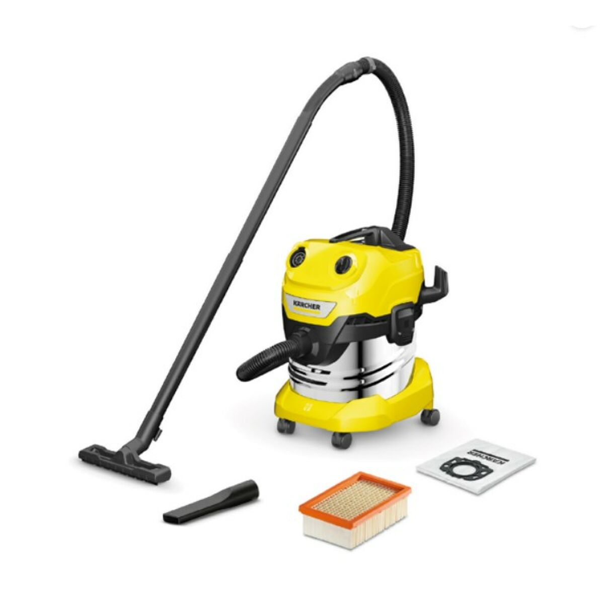 Aspiradora seco húmedo Kärcher 1000W con accesorios, ideal para limpieza en casa y oficina.