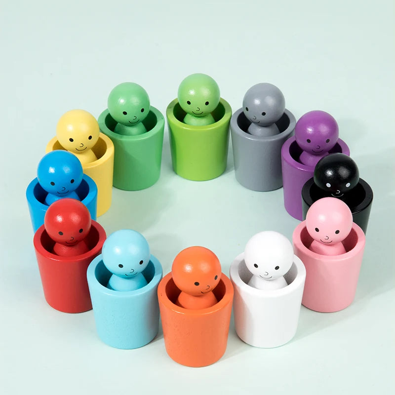 Montessori Color Sorting Toys Color Matching Sensory Game Wooden Peg Dolls in Cups Early Education Learning Toys for Toddler 3+