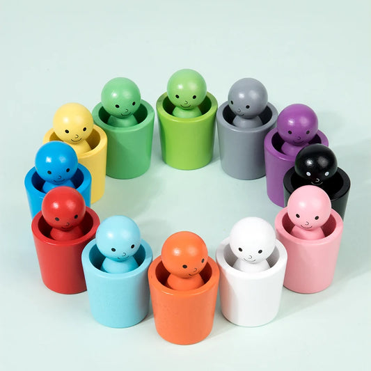Montessori Color Sorting Toys Color Matching Sensory Game Wooden Peg Dolls in Cups Early Education Learning Toys for Toddler 3+