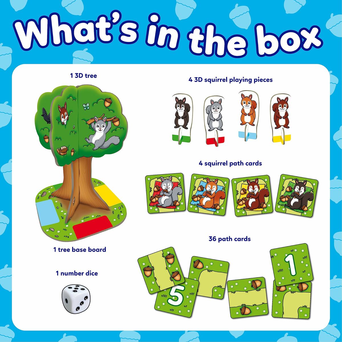 Juego educativo Orchard Nutty Numbers con árbol 3D y piezas de ardillas en la caja.