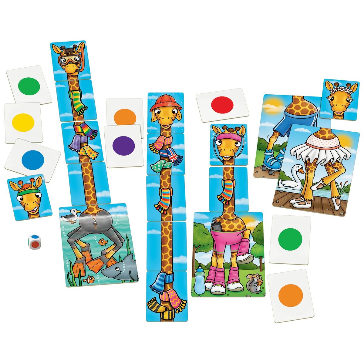 Juego educativo Orchard Giraffes in scarves con tarjetas y dados para niños de 4 años o más.
