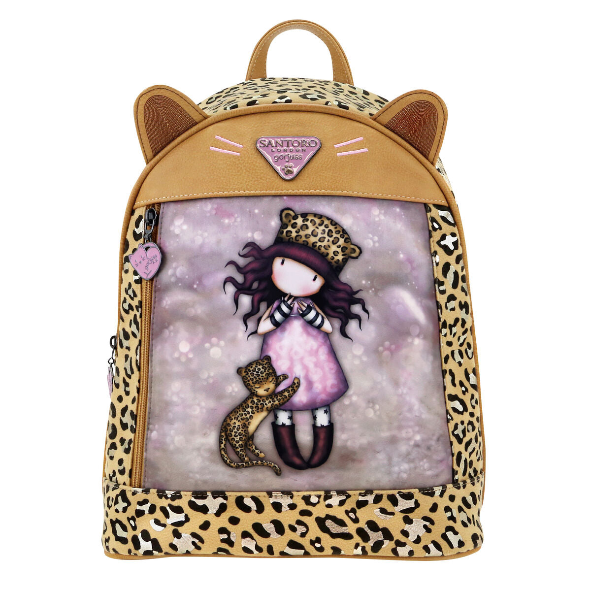 Mochila casual Gorjuss Leopardo para niños con diseño de leopardo y orejas de gato, 25,5 x 31 x 10 cm.