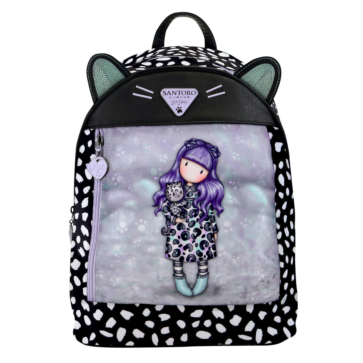 Mochila Casual Gorjuss Smitten Kitten Negro Blanco con diseño de gato y figura Gorjuss