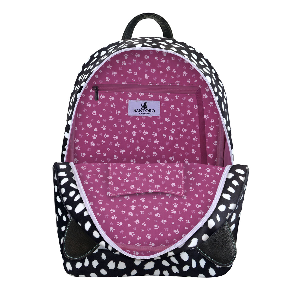 Interior de mochila casual Gorjuss Smitten Kitten con diseño en blanco y negro, compartimentos accesibles.