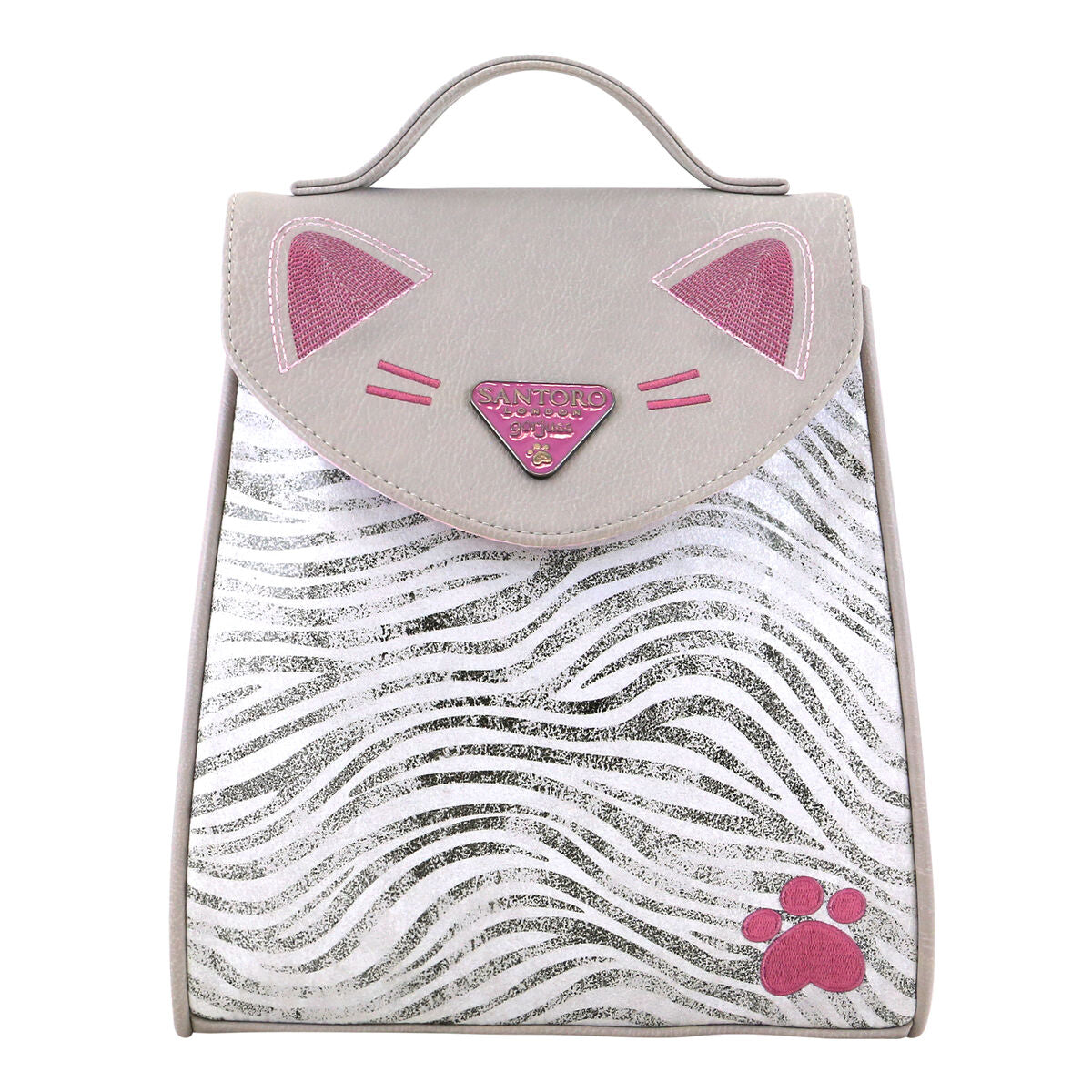 Mochila Gorjuss Ruby Gris para niños con diseño de gato, cierre de solapa, y estampado plateado.