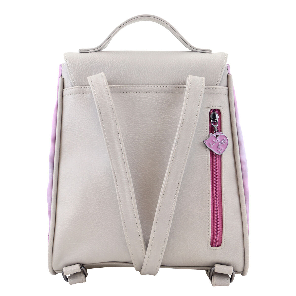 Mochila Gorjuss Ruby Gris para niños, vista trasera con correas y bolsillo lateral