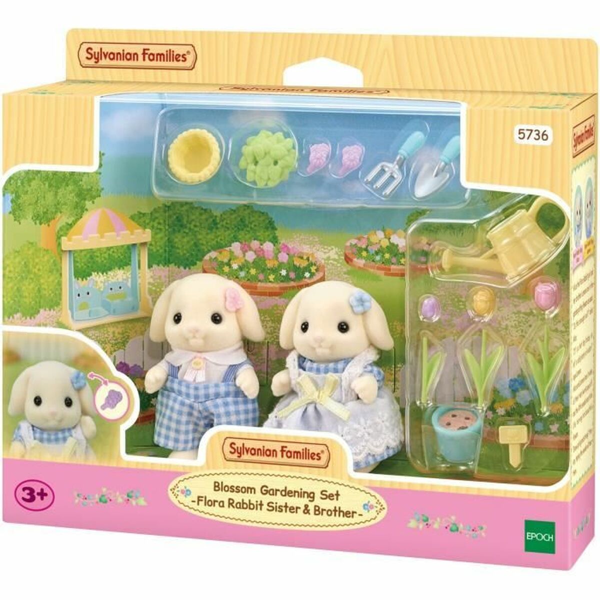 Accessorios para muñecas Sylvanian Families 5736 Blossom gardening set con Flora Rabbit y herramientas de jardinería.