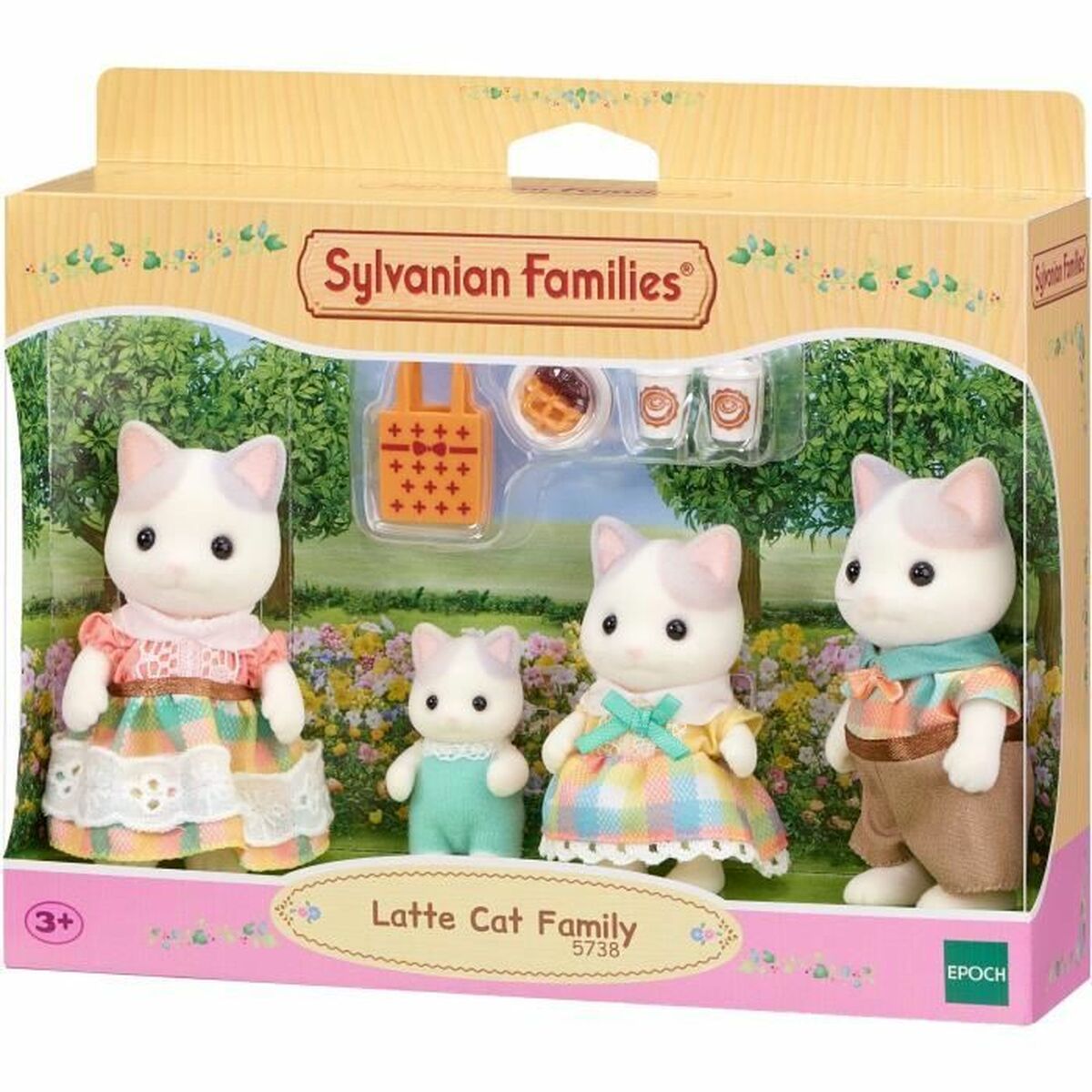 Accesorios casa muñecas Sylvanian Families 5738 Latte Cat Family con figuras y elementos de juego.
