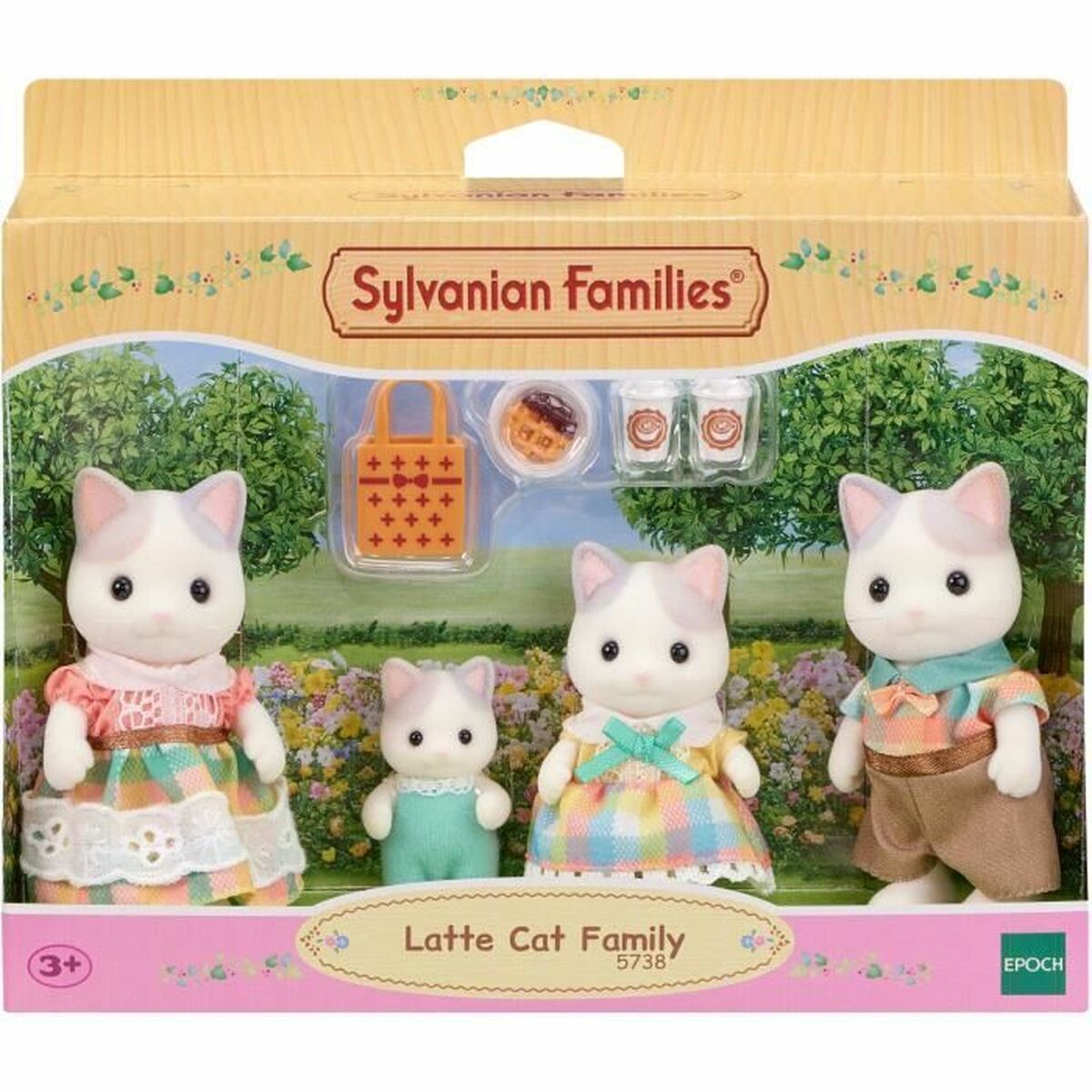 Accesorios casa muñecas Sylvanian Families 5738 Latte Cat Family con muñecos y accesorios para juego infantil.