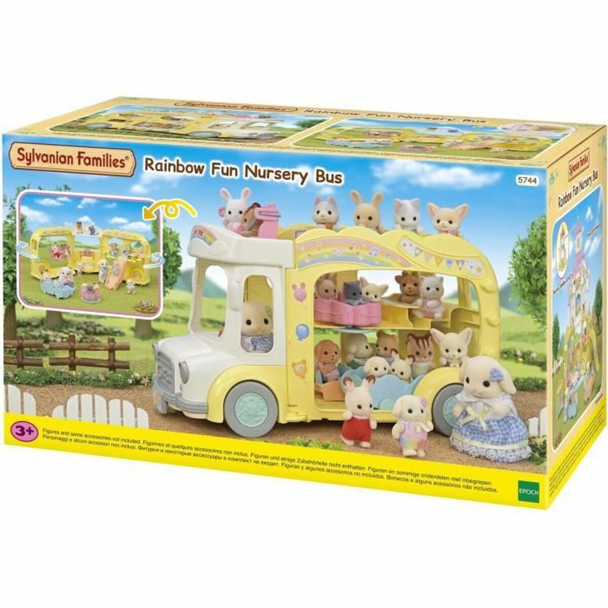 accesorios casa muñecas Sylvanian Families 5744 Rainbow Fun Nursery Bus en su colorido empaque.