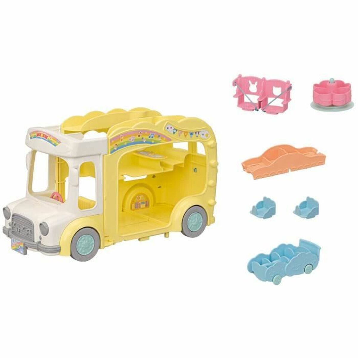 Accesorios para casa de Muñecas Sylvanian Families 5744 Rainbow Fun Nursery Bus con complementos coloridos.