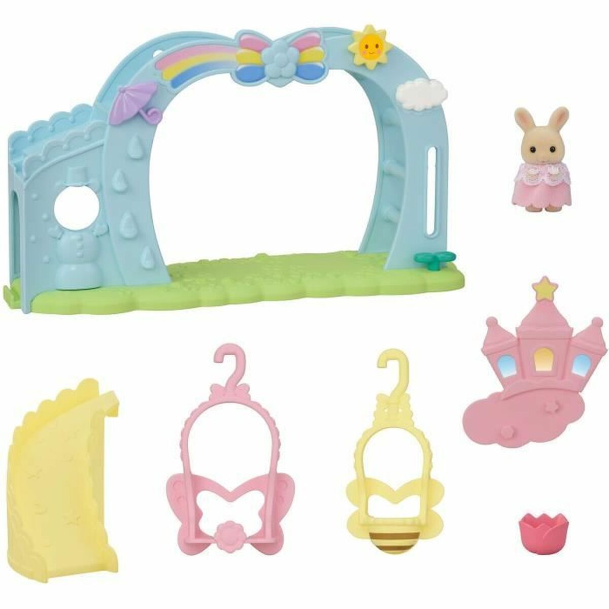 Accesorios para casa de Muñecas Sylvanian Families 5745 Nursery Swing, incluye arco, muñeco y piezas coloridas.