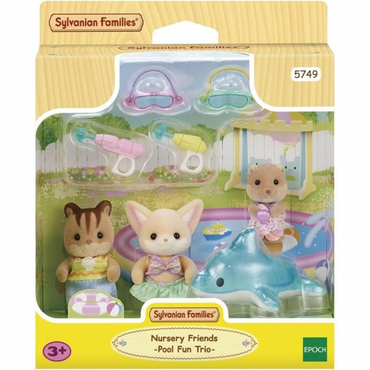 accesorios Sylvanian Families piscina del juego Nursery Friends Pool Fun trio con muñecos y juguetes.
