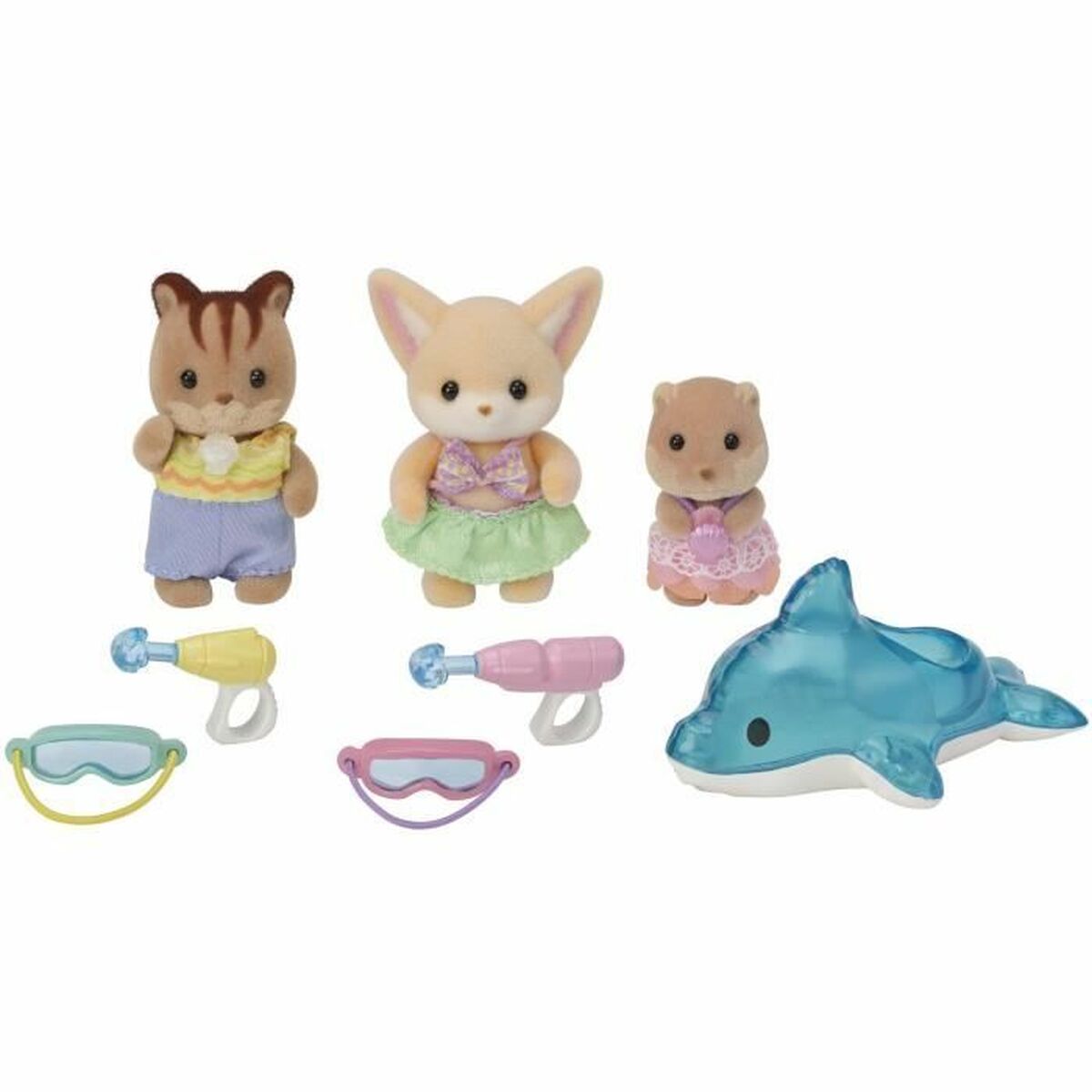 accesorios Sylvanian Families piscina: trío de muñecos con accesorios de piscina y un delfín para diversión en la casa de muñecas.