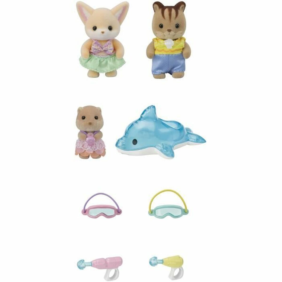 Accesorios Sylvanian Families piscina con muñecos y juguetes para diversión acuática en casa de muñecas.