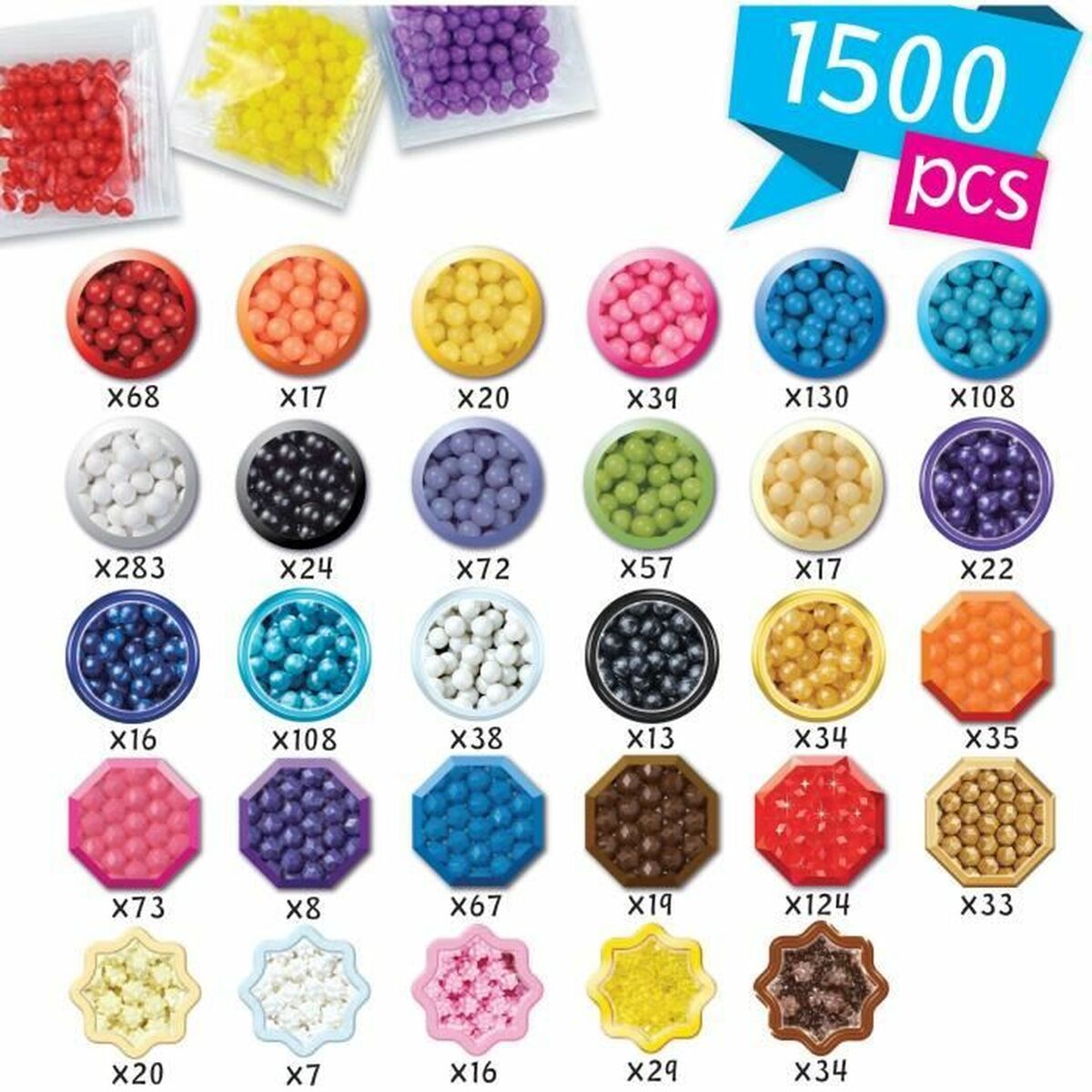 Mosaico Aquabeads multicolor infantil, 1500 piezas de cuentas de diferentes colores para manualidades y juegos creativos.