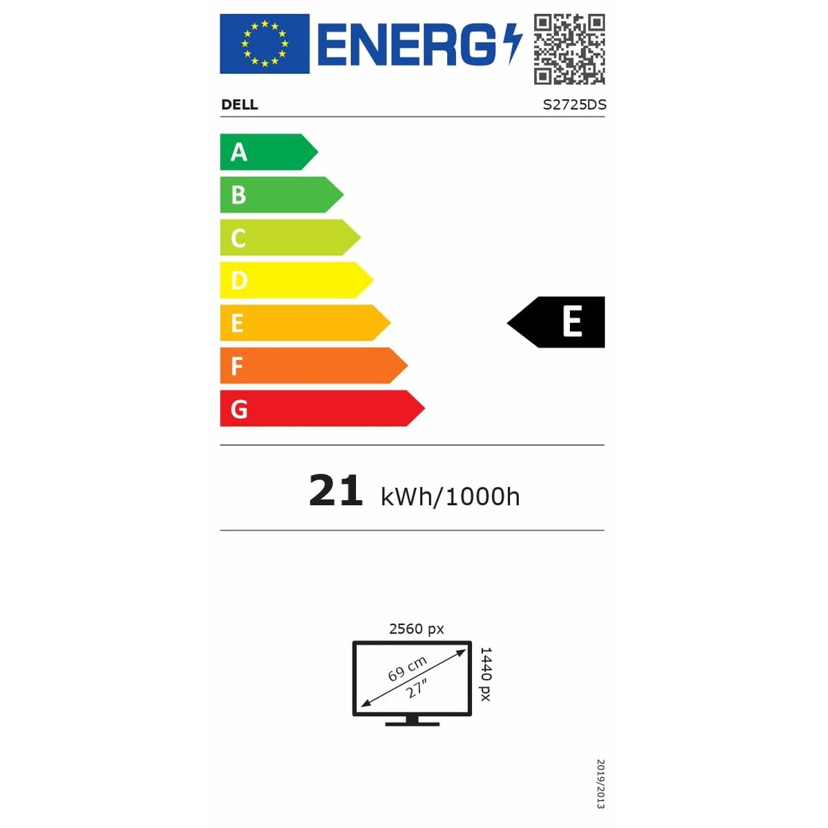 Etiqueta de eficiencia energética del monitor gaming Dell S2725HS 27" con clasificación E y consumo de 21 kWh/1000h.