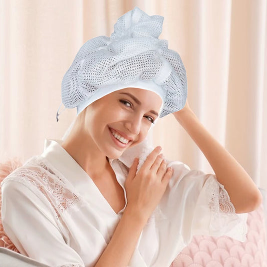Net Plopping Cap for Drying Curly Hair with Drawstring Large Shower Cap Adjustable Net Plopping Bonnet Mesh Hat Bath Accessories