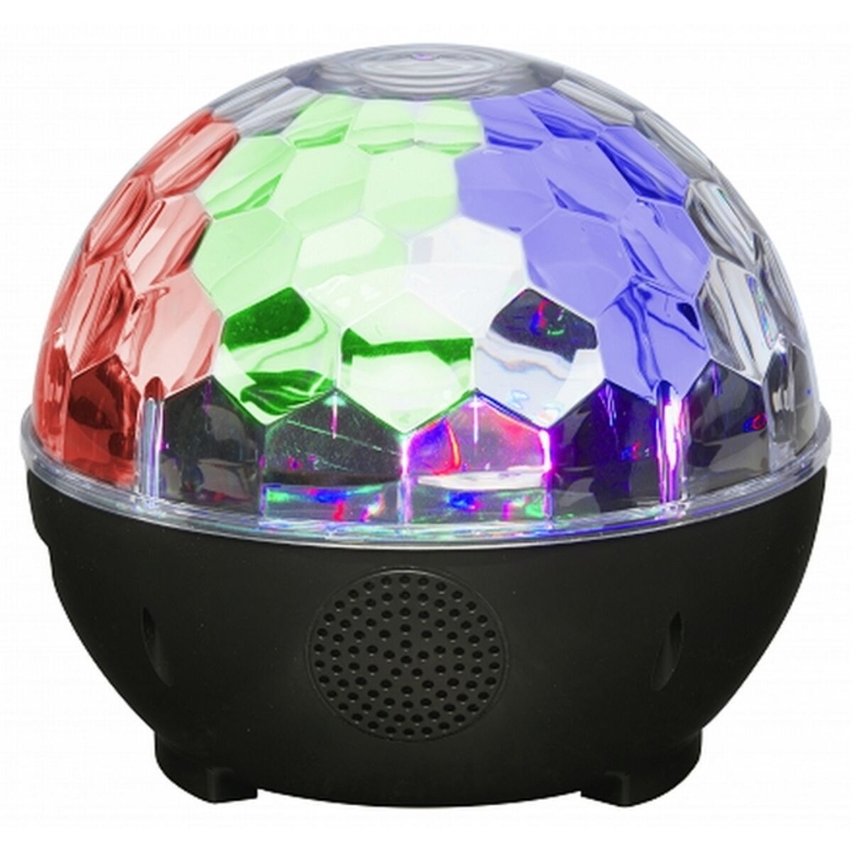 Bluetooth speaker Denver Electronics BTL-65 with disco ball lights in black and colorful LED reflection.