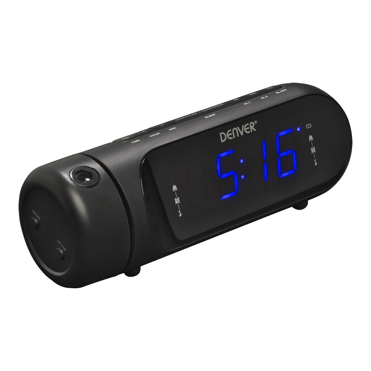Radio Despertador FM Denver Electronics CPR-700 Negro con display digital azul mostrando la hora 5:16.