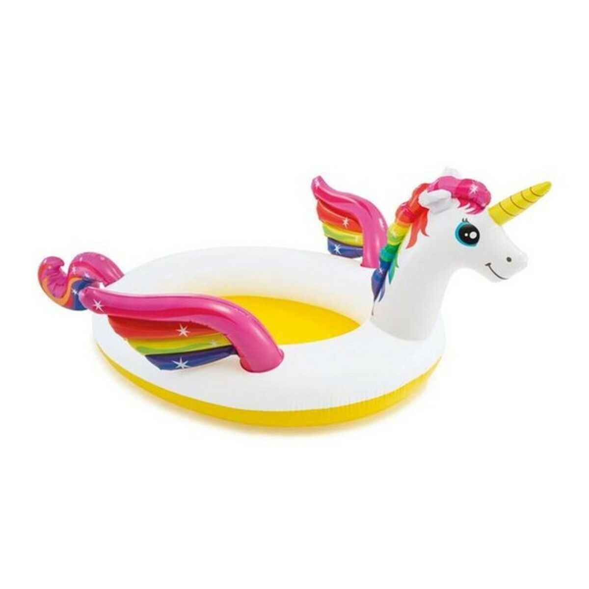 inflatable swimming pool for kids in the shape of a colorful unicorn