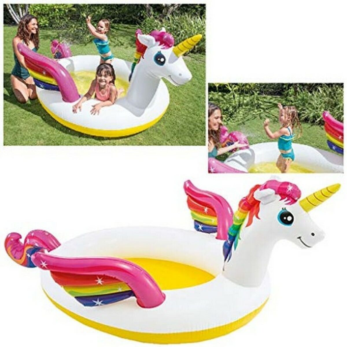 inflatable swimming pool for kids featuring a unicorn design, with two children playing inside.