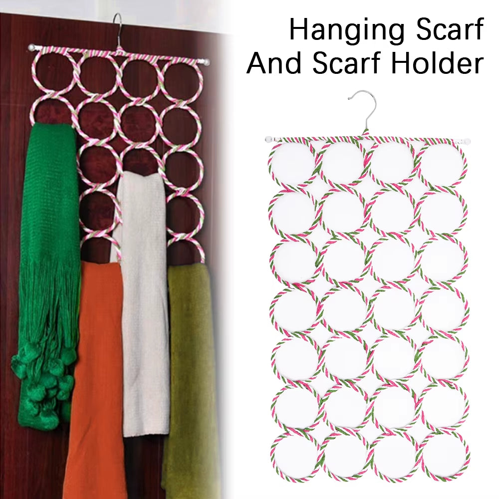 28 Holes Scarf Holder Foldable Tie Belt Hook Shawl Scarves Organizer Rattan Weave Hanger Wardrobe Storage Holder Display Rack