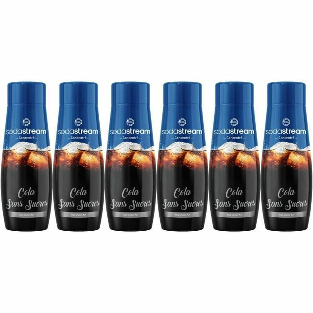 Set de 6 concentrados de Cola SodaStream sin azúcar, cada uno de 440 ml, ideal para preparar bebidas en casa.