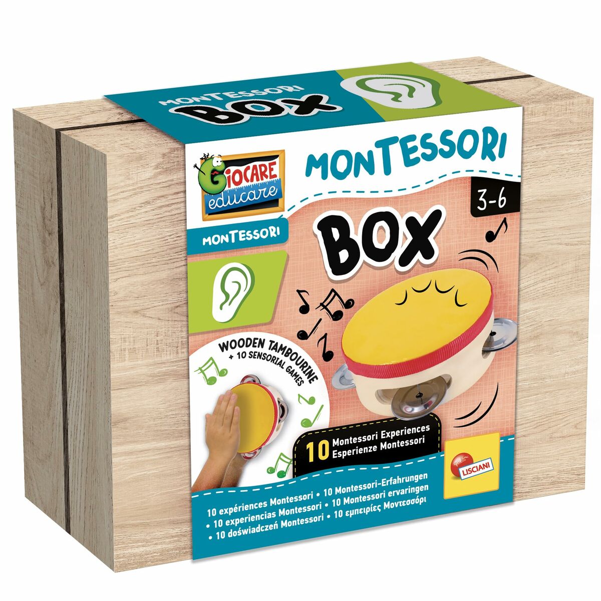 Juego educativo Montessori para niños en un paquete de experiencias sensoriales y actividades.