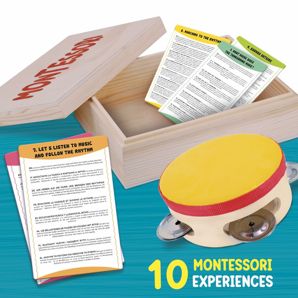 Juego educativo Montessori para niños con caja y tarjetas de actividad.