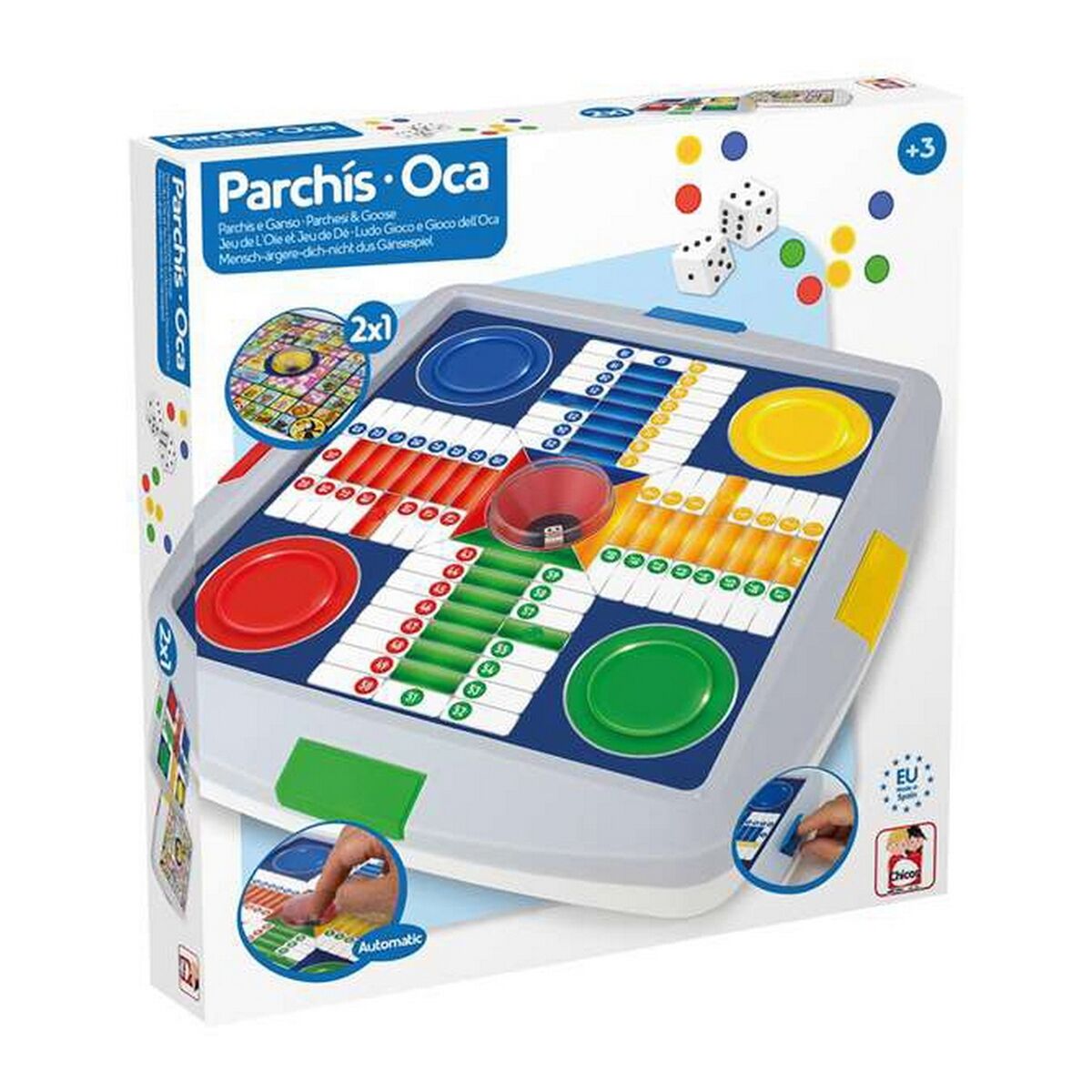Juego de mesa Parchís y Oca Automático para niños 27 x 27 x 4 cm, ideal para 2 a 4 jugadores, recomendado para mayores de 3 años.
