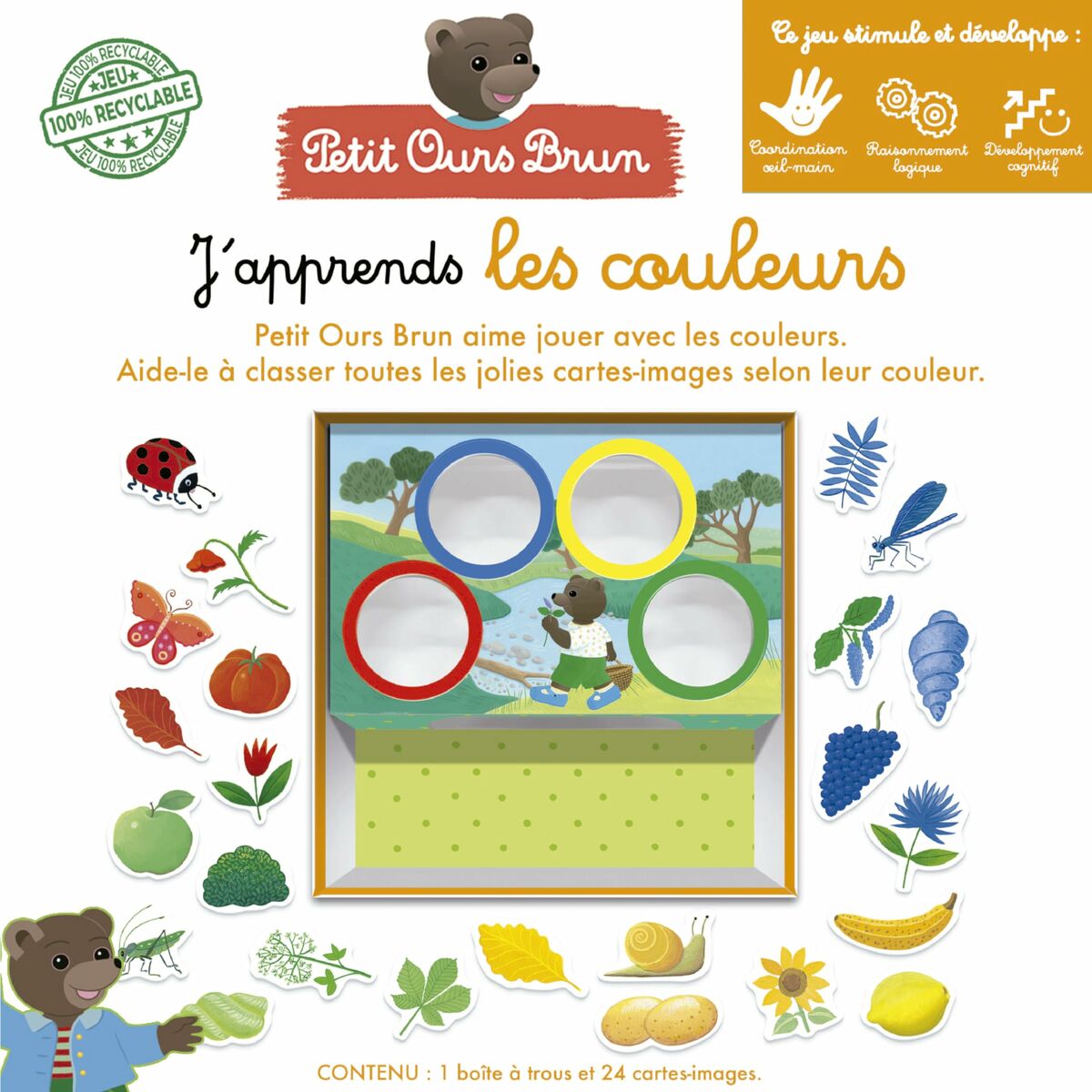jeu éducatif apprendre les couleurs - Petit Ours Brun jouant avec les couleurs et classant des cartes-images.
