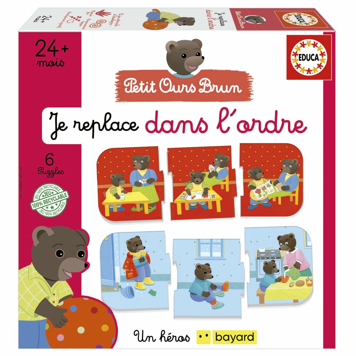 jeu educatif en français pour enfants - Petit Ours Brun Je replace dans l'ordre, 6 puzzles pour enfants.