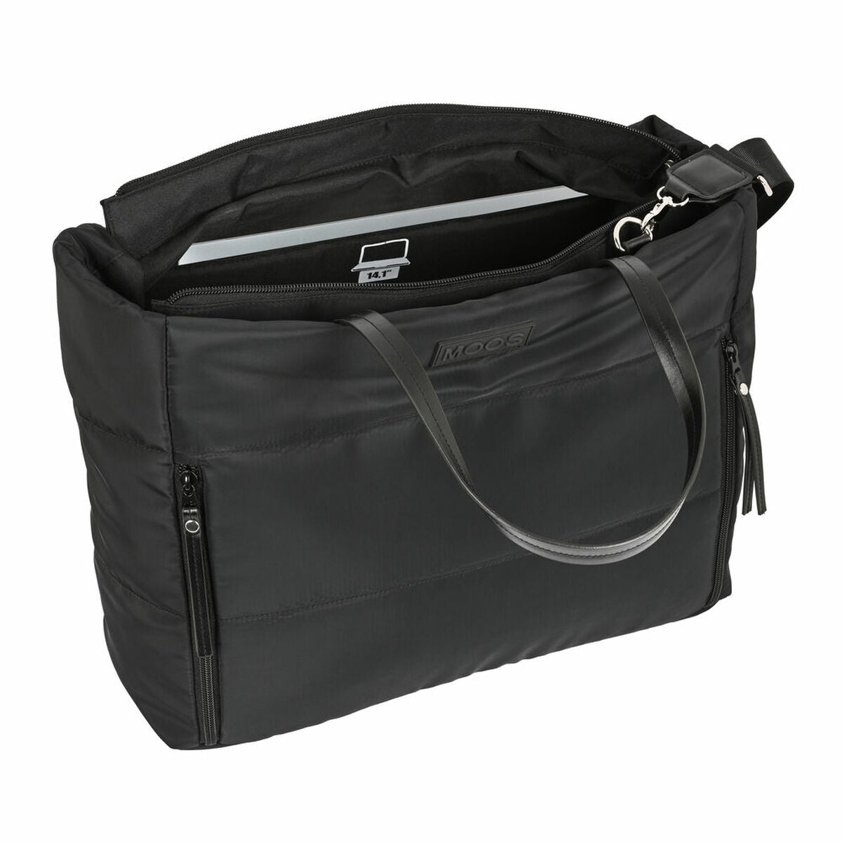 Bolso acolchado negro para niños con asas y compartimentos, ideal para uso diario y escolar.