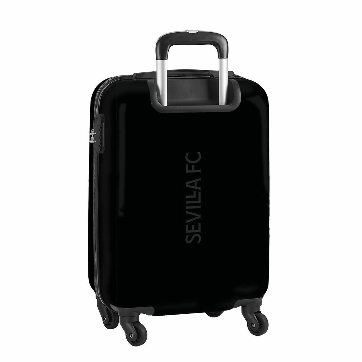 Sevilla FC trolley cabin bag en color negro con ruedas giratorias y asa superior.