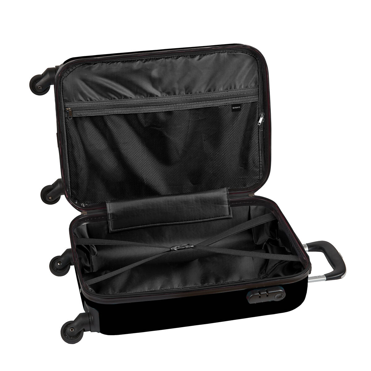 Interior view of Sevilla FC trolley cabin bag, showing spacious compartment and mesh pocket.