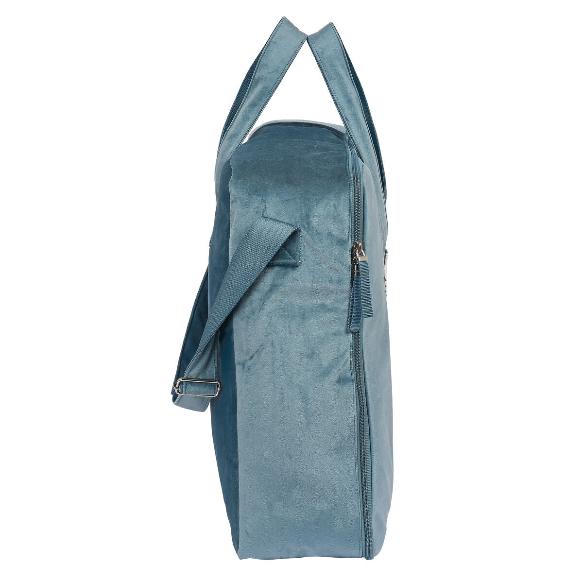 turquoise velvet travel bag side view featuring adjustable strap and zipper closure