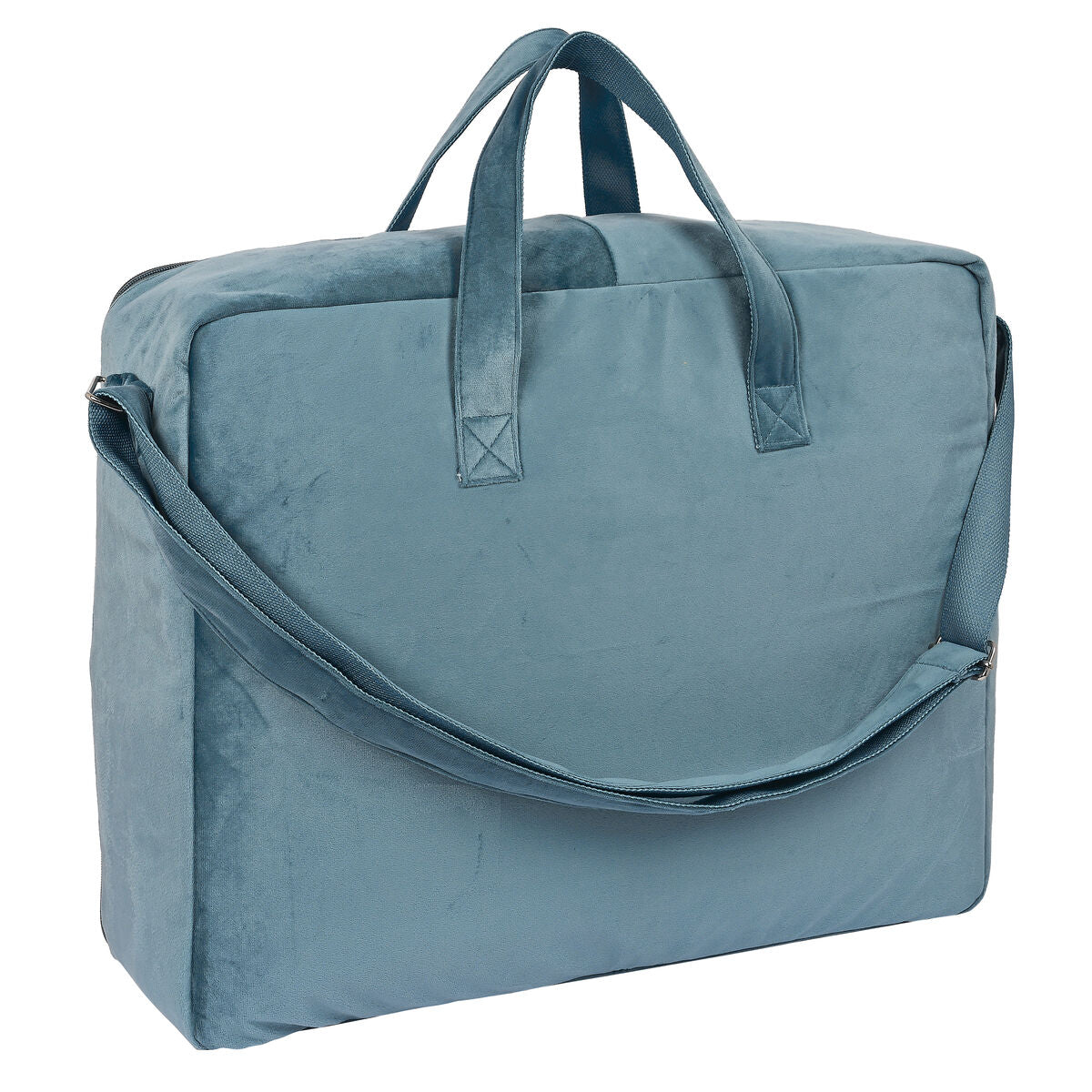 Maleta Safta Leaves Turquesa en terciopelo azul, ideal para viajar, con asas y cinta bandolera.