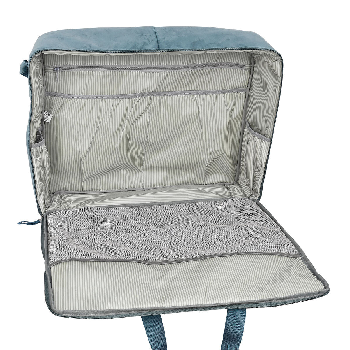 Interior view of the turquoise velvet travel bag, featuring organized compartments and a quality lining.