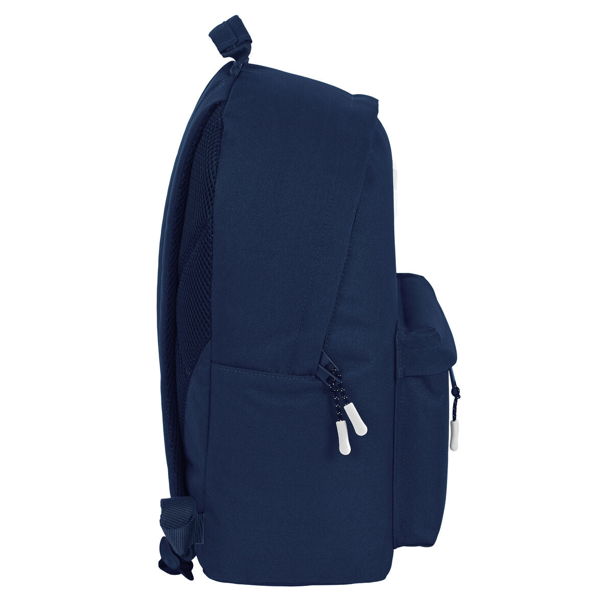 Mochila portátil niños azul marino lateral, ideal para llevar al cole, con bolsillo y cremalleras para mayor comodidad.