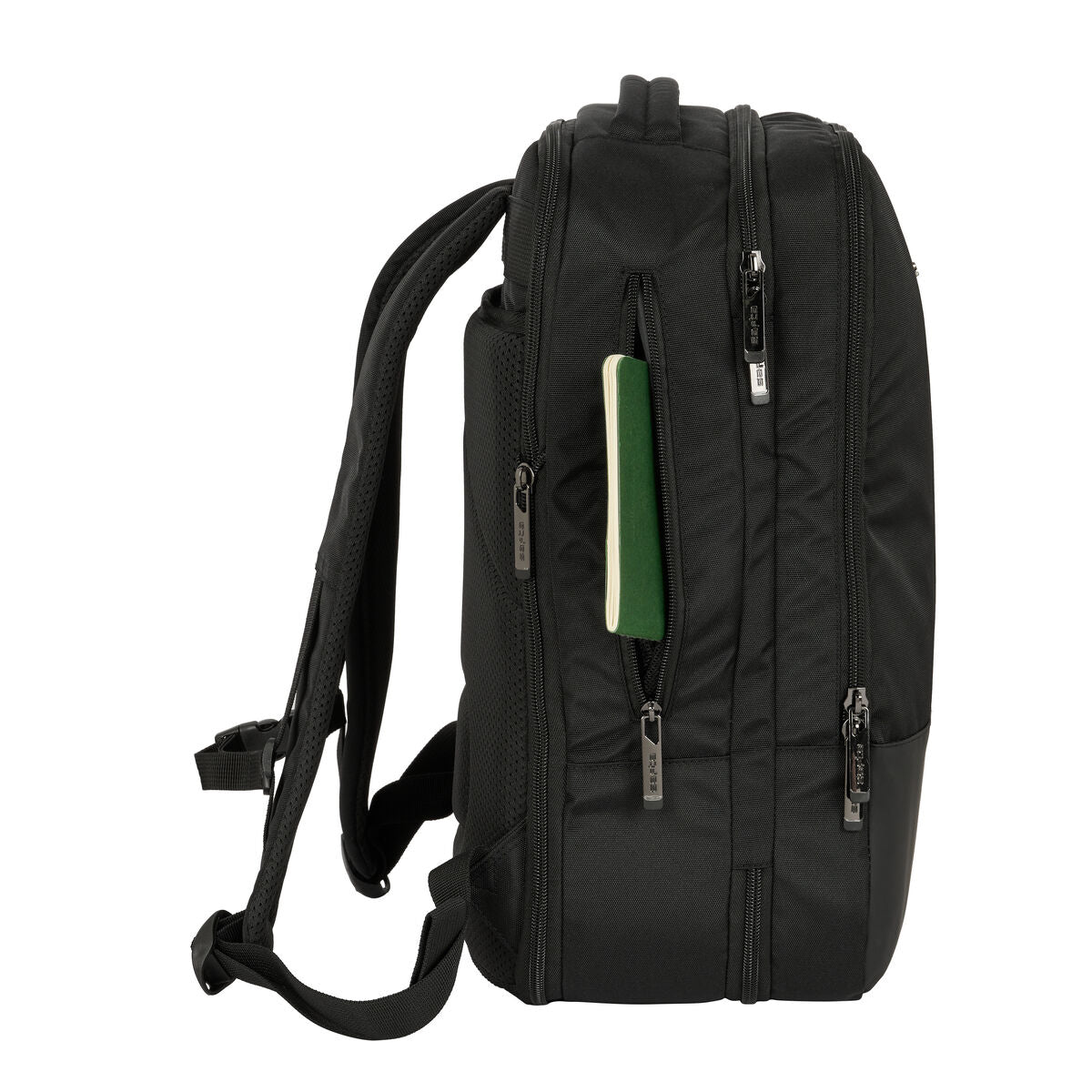Mochila de viaje negra para portátil con múltiples bolsillos y correas ajustables.