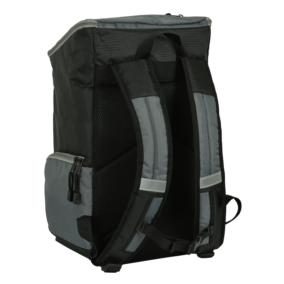 Mochila deportiva para niños Safta vista trasera en color negro y gris, con straps cómodos y múltiples bolsillos.