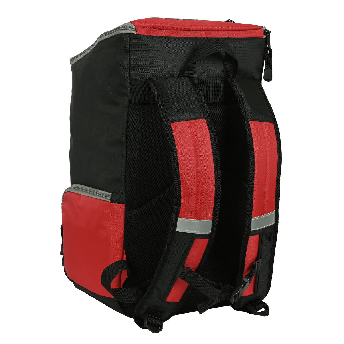 Mochila deportiva multisports negro rojo con hombreras acolchadas y diseño moderno.