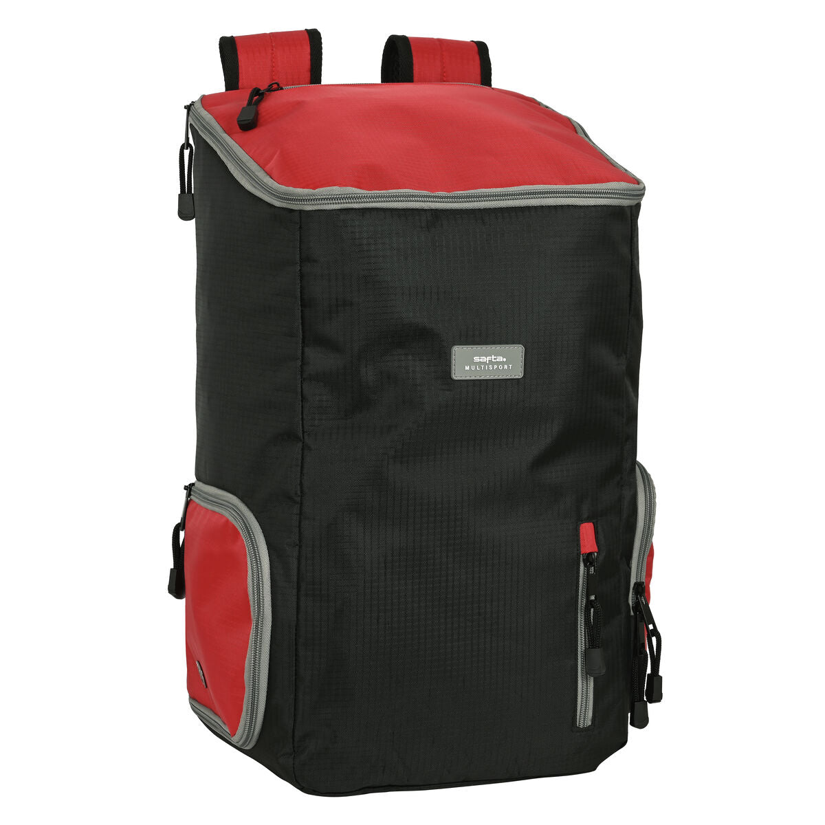Mochila deportiva multisports negro rojo con diseño acolchado y correas ajustables, dimensiones 28 x 50 x 22 cm.