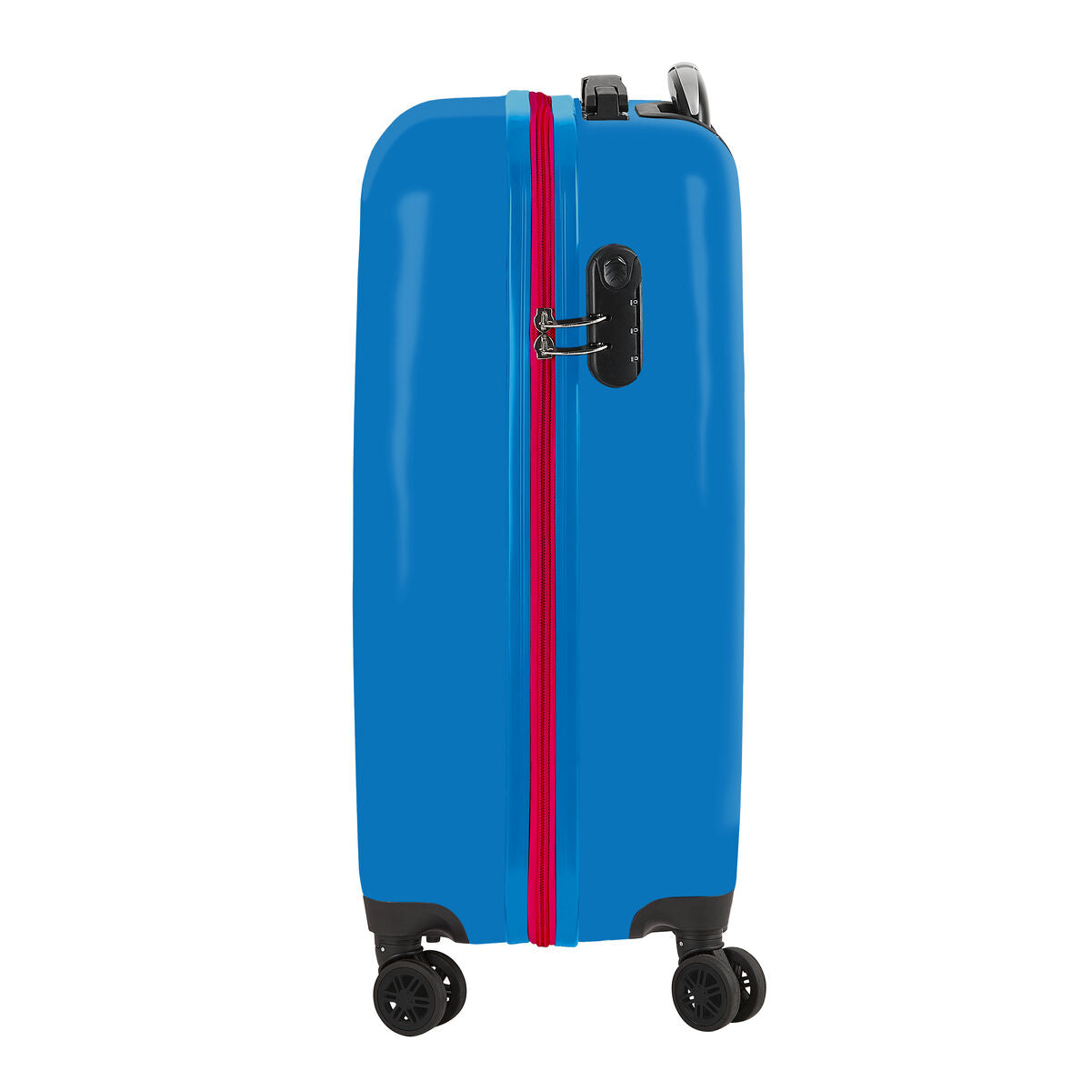 Mickey Mouse cabin luggage navy blue side view with a bright blue exterior and red zipper.