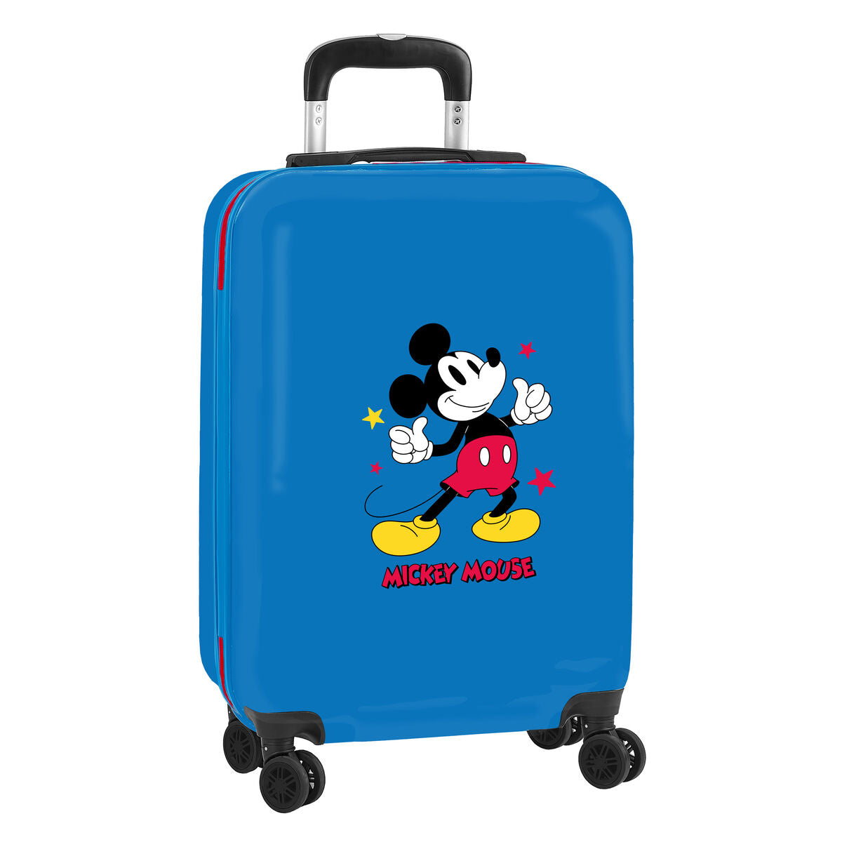Mickey Mouse cabin luggage navy blue with four wheels and vibrant design.