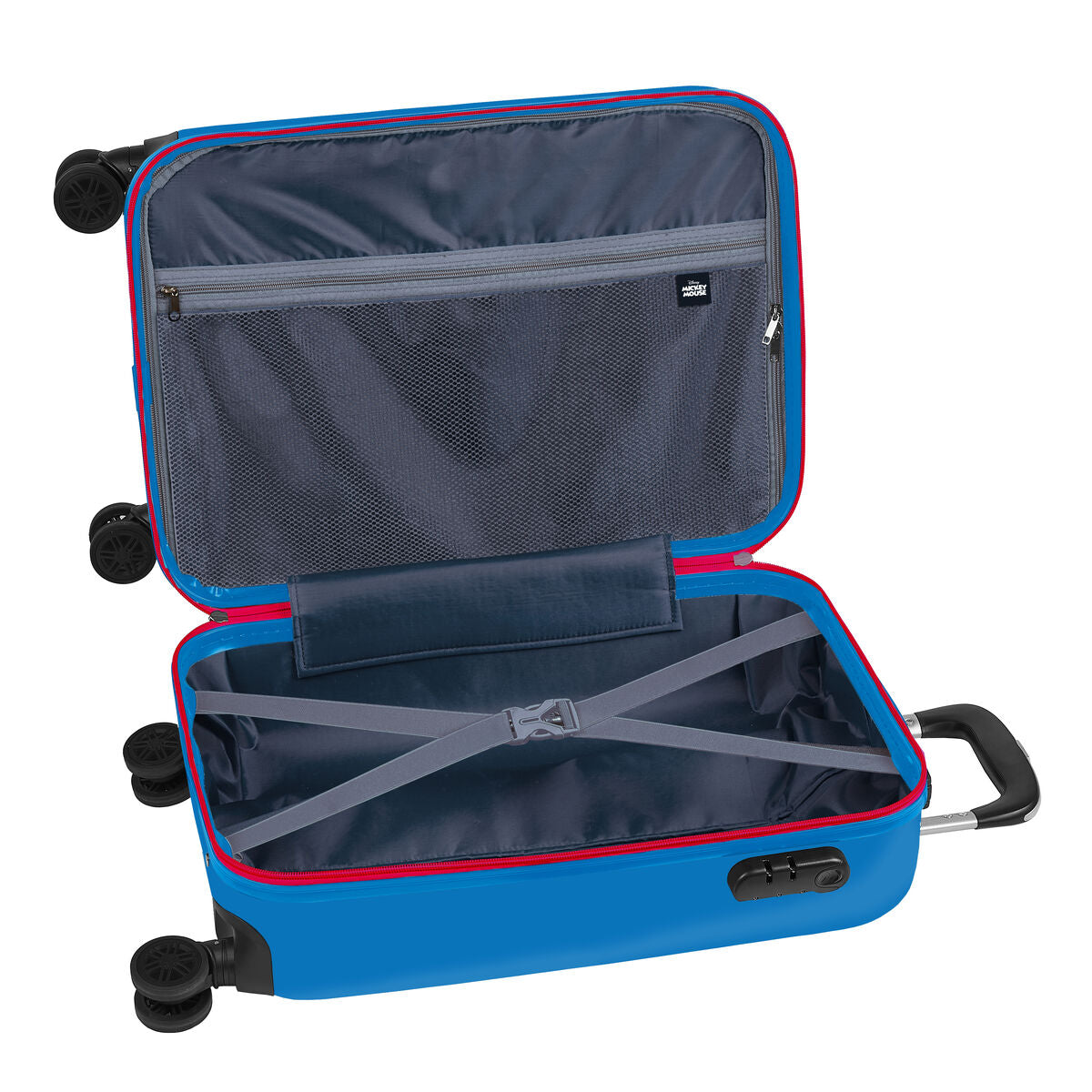 Interior view of Mickey Mouse cabin luggage navy blue, featuring elastic straps and mesh pocket for organized packing.